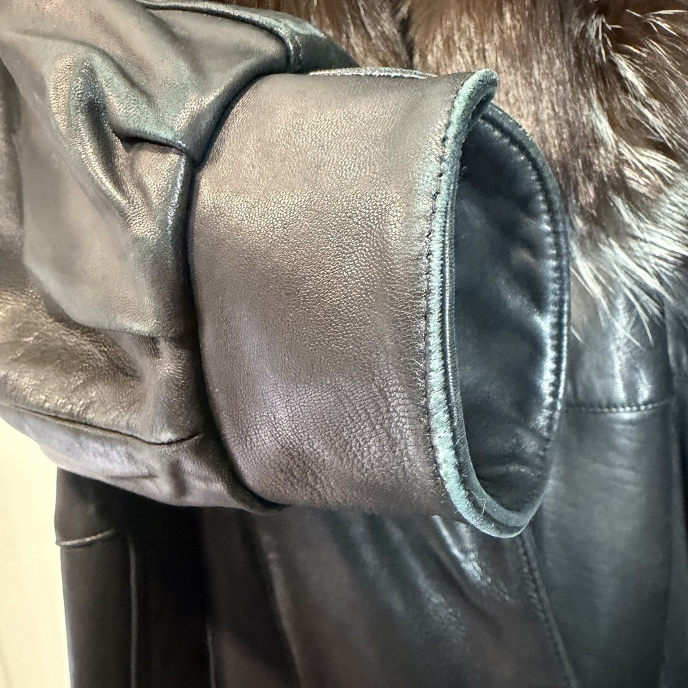 Vtg J Percy Marvin Richards Black Leather Silver Fox Fur Collar Coat ~ Women's L - Picture 15 of 16